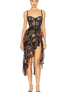 Katie May Black Lace Corset High-Low Dress with Orange Floral